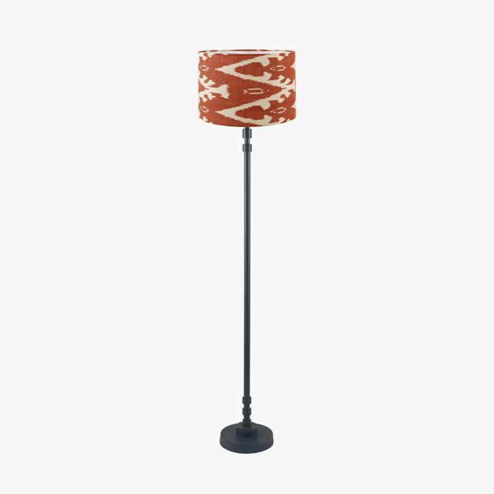 Rhode Matt Black Stick Metal Floor Lamp Base with Lars 40cm Cinnamon Ikat Patterned Cylinder Lampshade