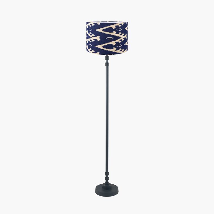 Rhode Matt Black Stick Metal Floor Lamp Base with Lars 40cm Ocean Blue Ikat Patterned Cylinder Lampshade
