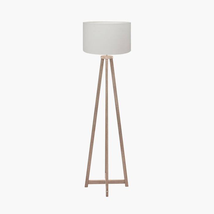 Whitby Grey Wash Wood Tapered 4 Post Floor Lamp Base with Henry 45cm White Handloom Cylinder Lampshade