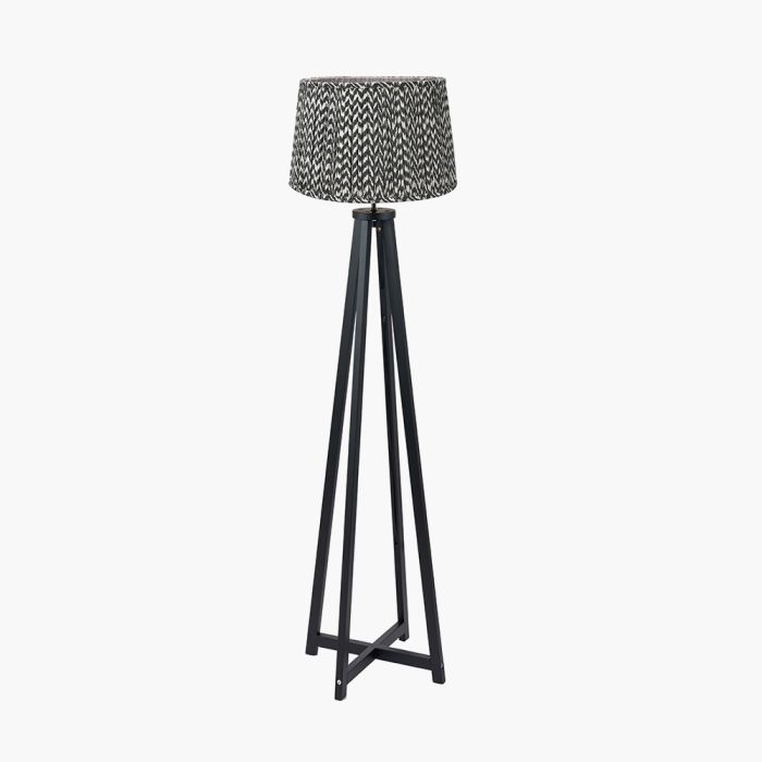Whitby Matt Black Wood Tapered 4 Post Floor Lamp Base with Vienna 45cm Black Chevron Mushroom Pleat Lampshade