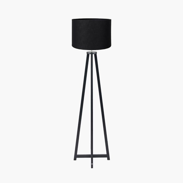Whitby Matt Black Wood Tapered 4 Post Floor Lamp Base with Lino 45cm Black Self Lined Linen Cylinder Lampshade
