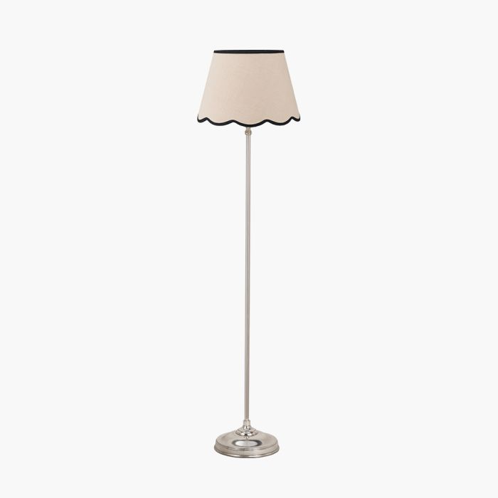 Auden Silver Metal Stick Floor Lamp Base with Tabitha 40cm Cream Jute Scalloped Edge Tapered Lamp Shade with Contrast Binding