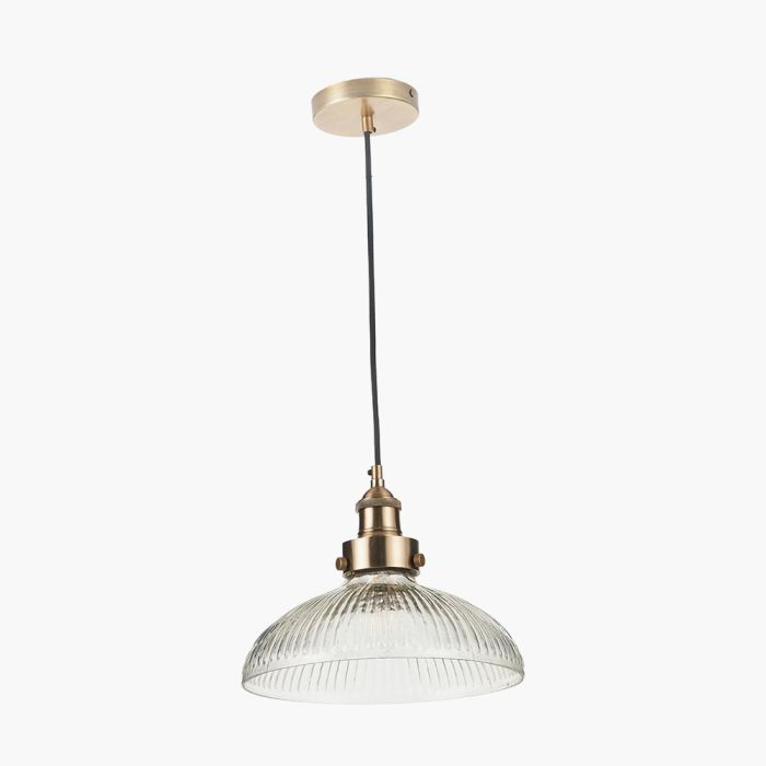 Bowery Large Ribbed Glass with Antique Brass Fitting Electric Pendant
