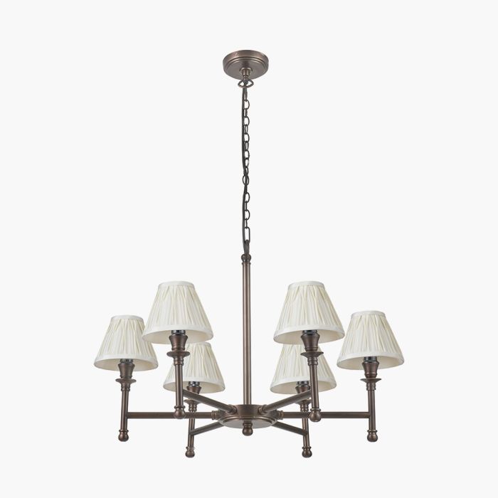 Piero Antique Bronze Metal 6 Arm Pendant with Garbo 15cm Cream Silk Mix Pinch Pleat Tapered Candle Clip Lampshades