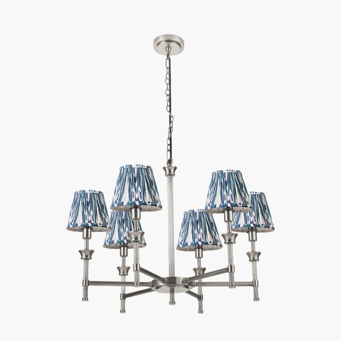 Salvatore Antique Silver Metal 6 Arm Pendant with Izara 16cm Ocean Blue Ikat Patterned Mushroom Pleat Tapered Lampshade
