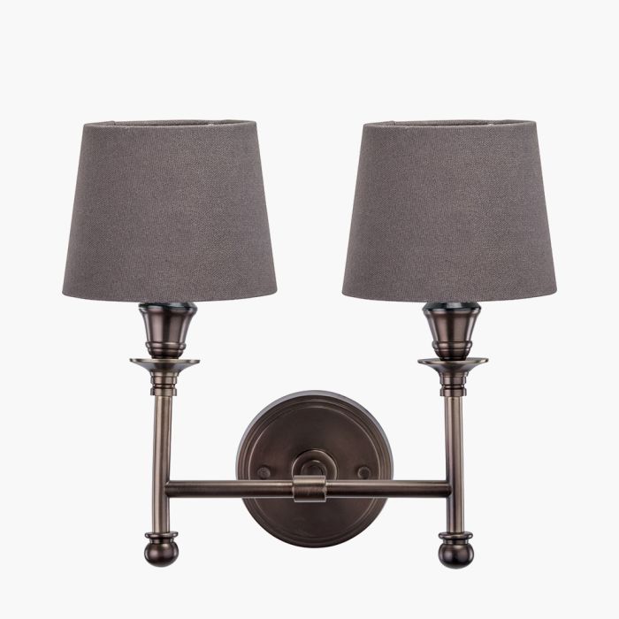 Piero Antique Bronze Metal Double Wall Light with Pelham 15cm Grey Handloom Tapered Lemon Clip Lampshades
