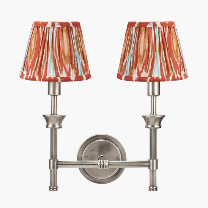 Salvatore Antique Silver Metal Double Wall Light with Izara 16cm Cinnamon Ikat Patterned Mushroom Pleat Tapered Lampshade