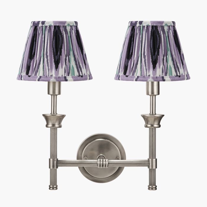 Salvatore Antique Silver Metal Double Wall Light with Izara 16cm Lilac Ikat Patterned Mushroom Pleat Tapered Lampshade