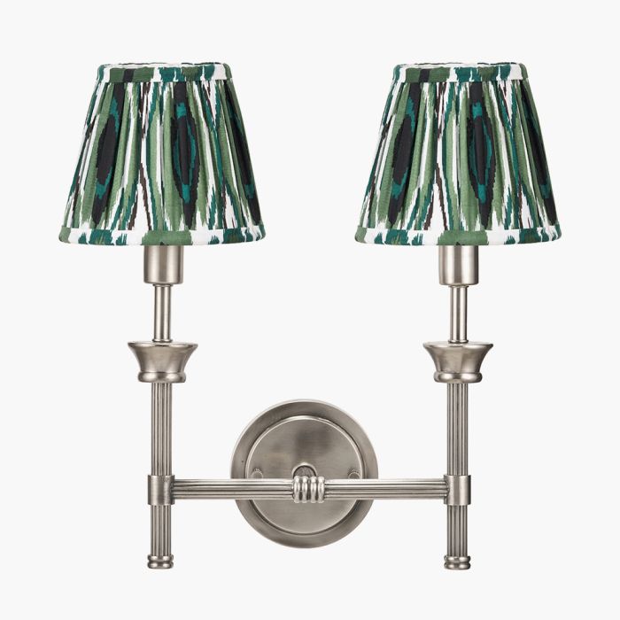 Salvatore Antique Silver Metal Double Wall Light with Izara 16cm Racing Green Ikat Patterned Mushroom Pleat Tapered Lampshade