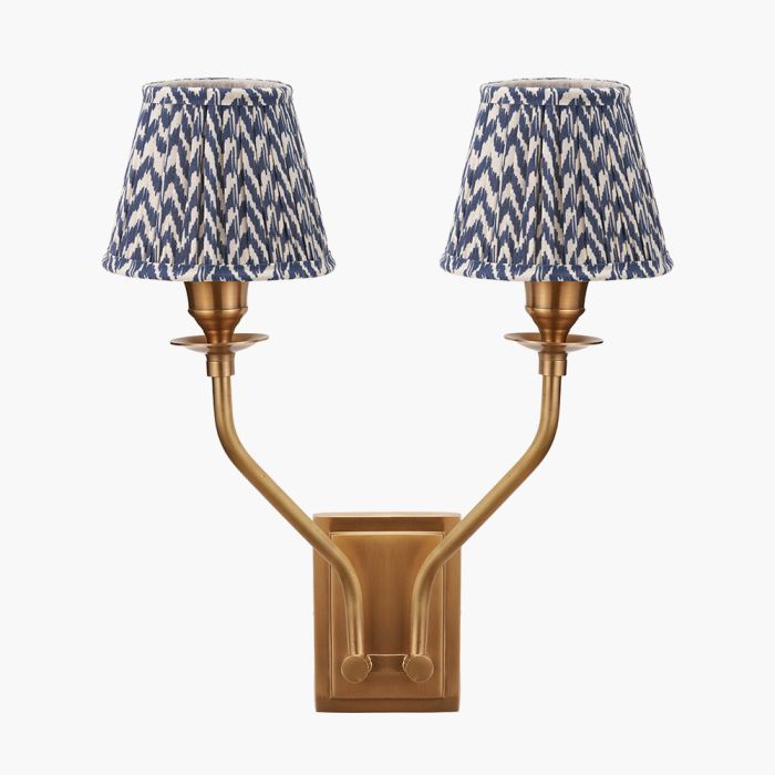 Tatiana Antique Brass Metal Double Wall Light with Vienna 16cm Blue Chevron Mushroom Pleat Lampshade