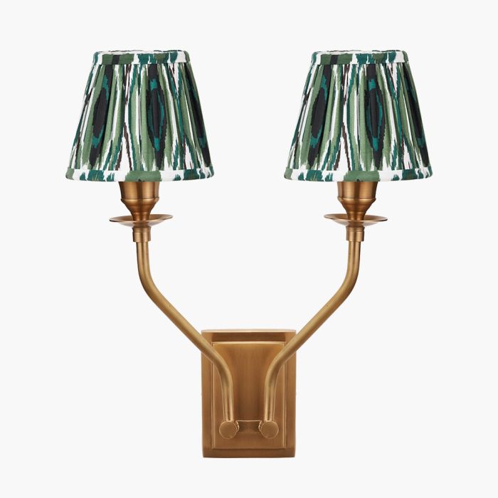 Tatiana Antique Brass Metal Double Wall Light with Izara 16cm Racing Green Ikat Patterned Mushroom Pleat Tapered Lampshade