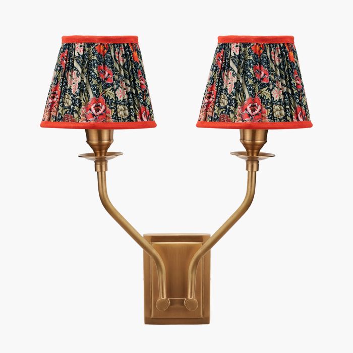 Tatiana Antique Brass Metal Double Wall Light with Floressa 16cm Red Floral Patterned Mushroom Pleat Tapered Lamp Shade