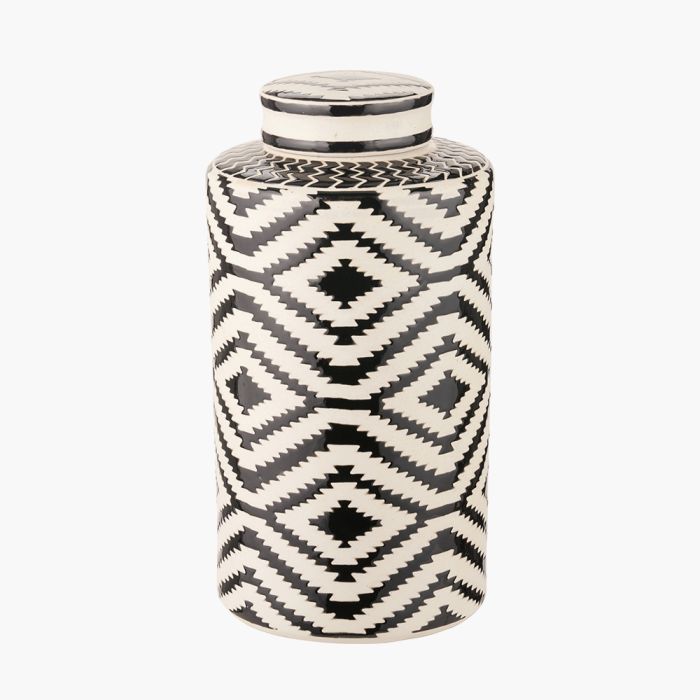 Chirala Black and White Ceramic Aztec Design Lidded Ginger Jar 