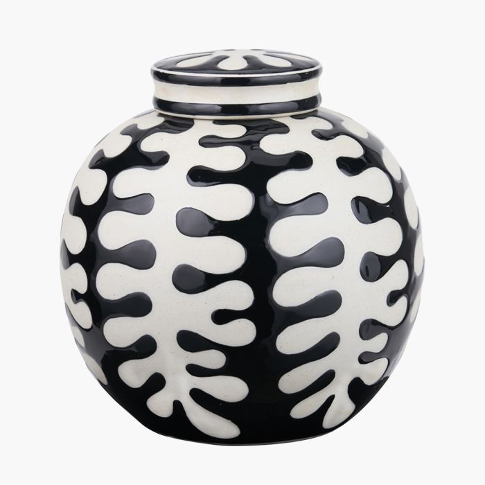 Elkorn Black and White Ceramic Coral Design Lidded Ginger Jar 
