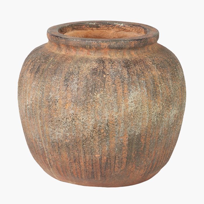 Rustic Brown Fibrestone Vertical Ribbed Decorative Vase Round