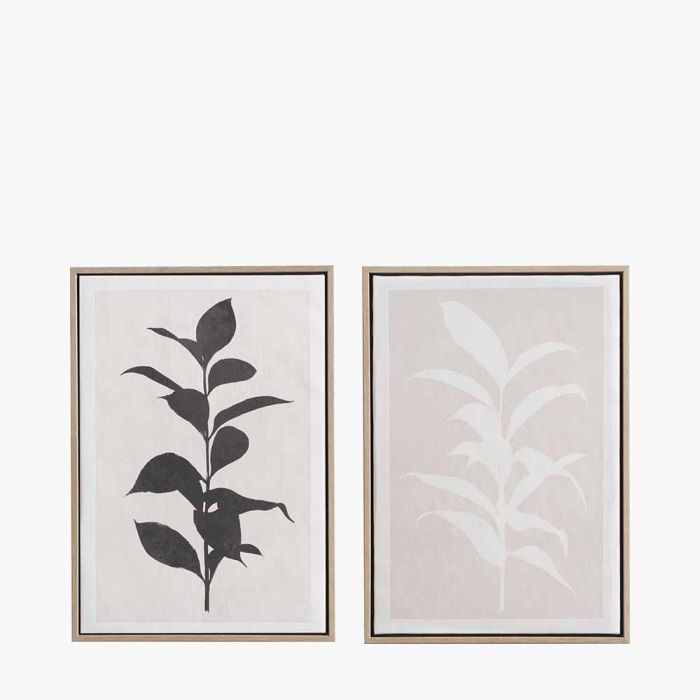 S/2 Natural and Black Leaf Print Canvases with Natural Frames
