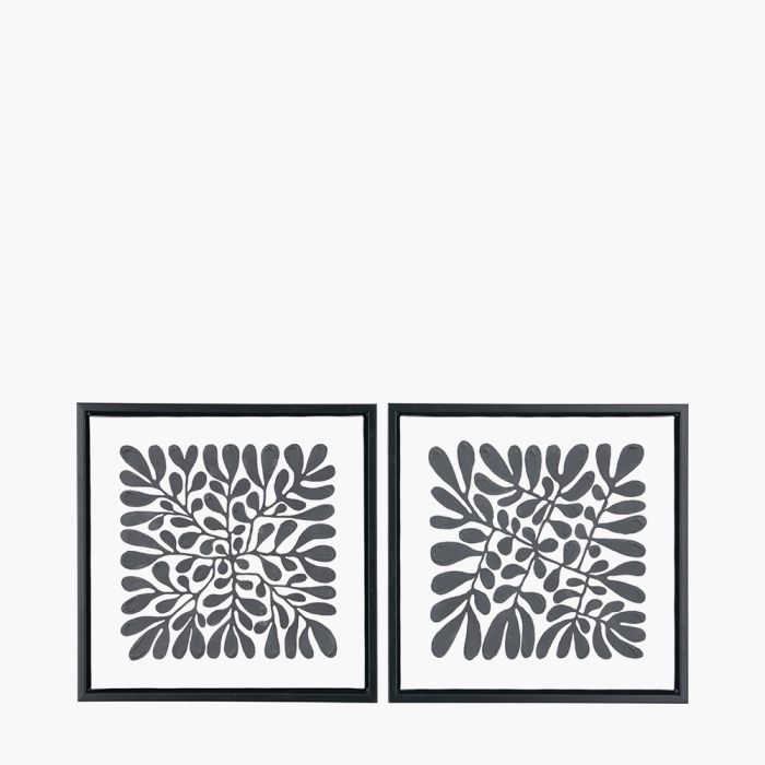 Set of 2 Black Leaf Print Square Canvases with Black Frames