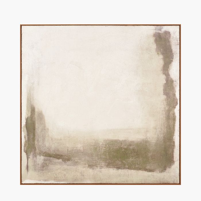 Green and Natural Abstract Square Hessian Canvas with Oak Effect Frame