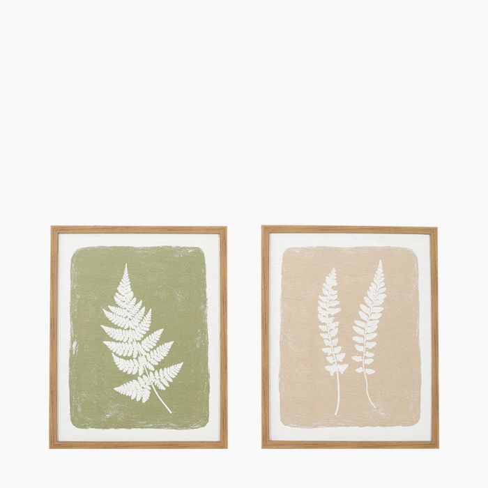 Set of 2 Green and Natural Fern Canvas Wall Art with Natural Frames