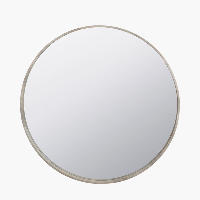 Grey Oak Wood Veneer Slim Frame Round Wall Mirror