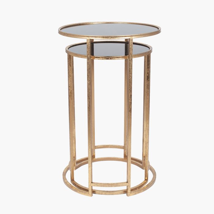 Veneziano Set of 2 Antique Gold Metal and Black Glass Side Tables