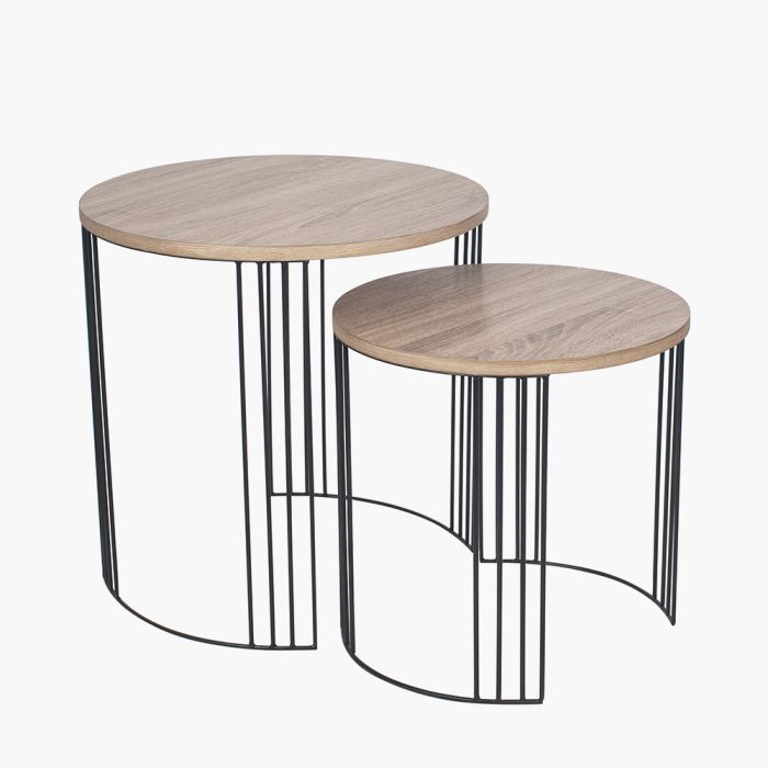Atri Set of 2 Dark Oak Wood Veneer and Black Metal Side Tables