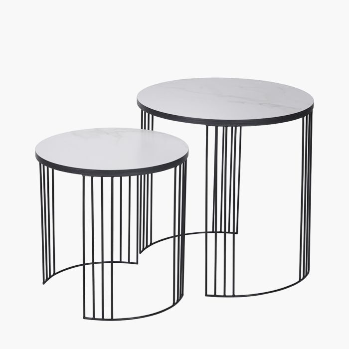 Atri S/2 White Marble Veneer and Black Metal Side Tables