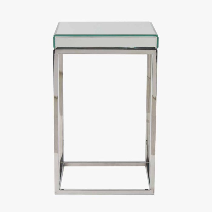 Elysee Mirrored Glass and Silver Metal Small Square Side Table