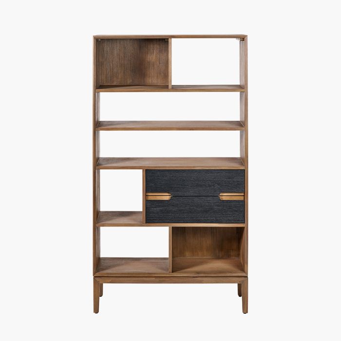 Gio Black and Natural Acacia Wood 2 Drawer, 7 Niche Shelf Unit