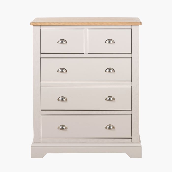 Fairford Parchment White Pine and Oak Wood 5 Drawer Unit