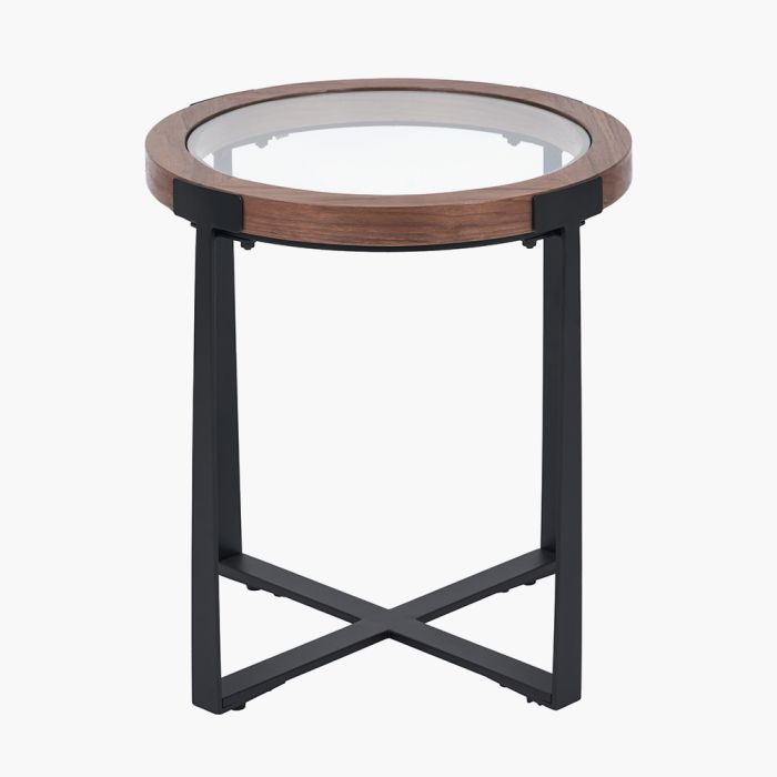 Vermont Clear Glass and Light Walnut Wood Veneer Side Table