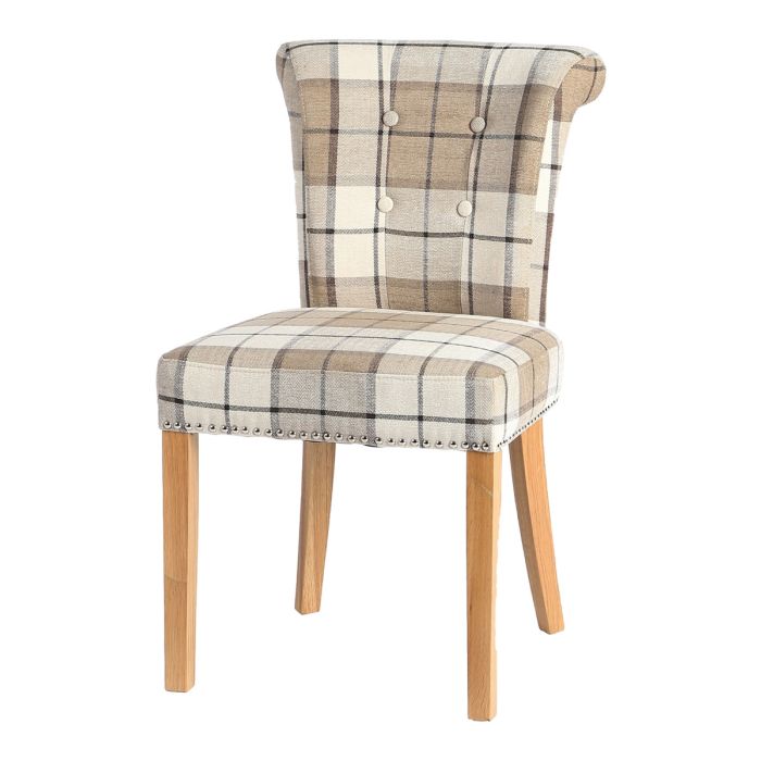 Castle Dining Chair  (Clova Brown Check Fabric, Natural Oak Leg)