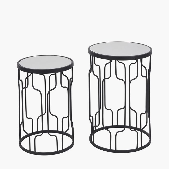 Set of 2 Caprisse Mirrored Glass and Graphite Metal Round Tables