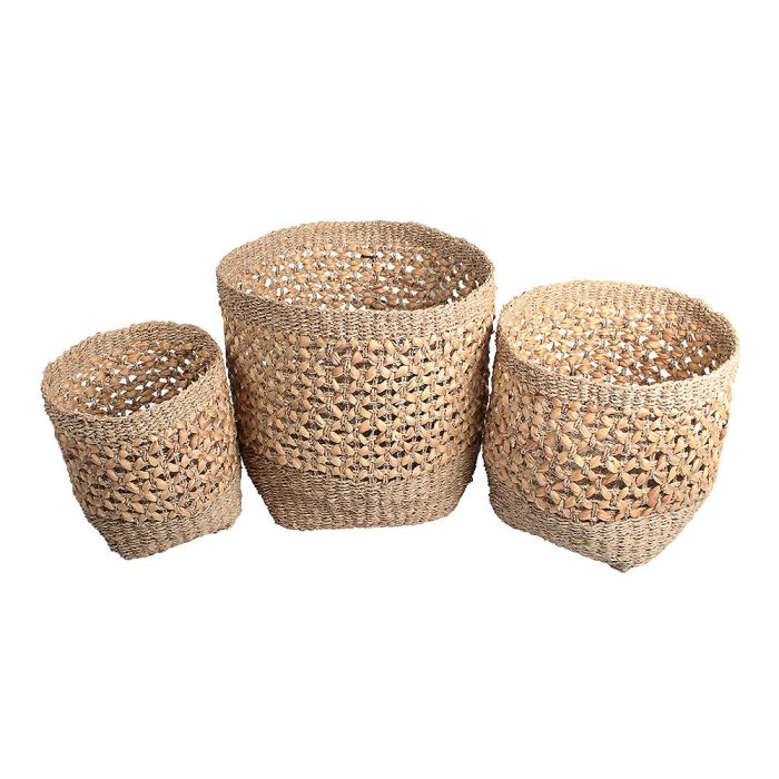 Woven Natural Seagrass and Water Hyacinth Set of 3 Tall Round Baskets