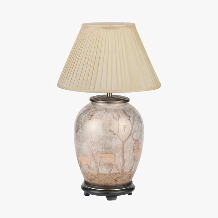 Deer Medium Glass Table Lamp Base with Bacall 35cm Almond Silk Knife Pleat Empire Lampshade
