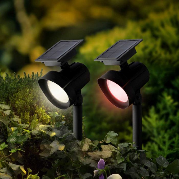 Set of 2 Solar Stake Spot Lights. 8 Function Colour Change Effect