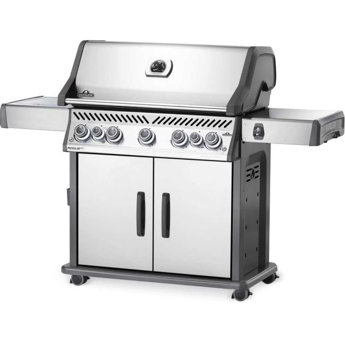 Napoleon Rogue SE 5 Burner BBQ 29.75Kw with Large Sizzle Zone Side Burner and Rear Rotisserie Burner.  Stainless Steel Doors and Hood. Illuminated Controls
