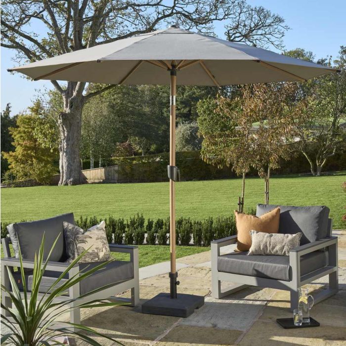 Royce Premium 300cm Round Parasol with LED LIghts. Wood Look Aluminium Frame. Smoke Grey Canopy. Night Cover Included.