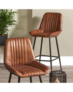 Angelo Vintage Brown Leather and Black Metal Retro Bar Stool