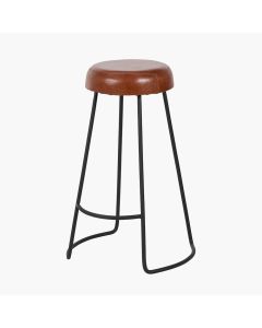 Cosimo Vintage Brown Leather and Black Metal Bar Stool