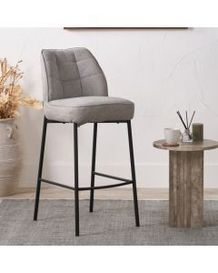 Enya Light Grey Chenille and Black Metal Quilted Back Bar Stool