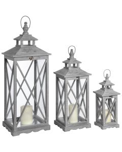 Set Of Three Wooden Hurricane Lanterns With Traditional Cross Section