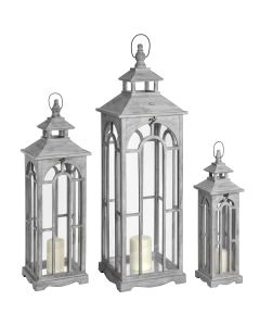 Set Of Three Wooden Hurricane Lanterns With Archway Design