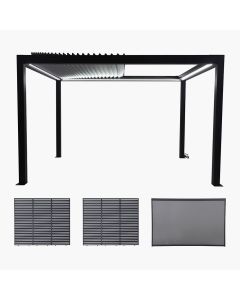 Abierto Gazebo Full Electric 3m x 4m inc LED complete with 2 x 3m Fixed Louvre Panels & 1 x 4m Electric Blind. Installation Included