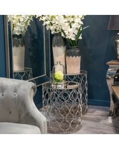 Set of Two Arabesque Silver Foil Mirrored Side Tables