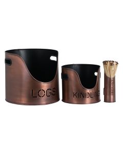 Copper Finish Logs And Kindling Buckets & Matchstick Holder