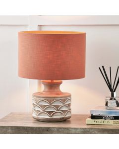 Kingsbury White Wash Carved Wood Table Lamp Base with Lino 30cm Cinnamon Self Lined Linen Cylinder Lampshade