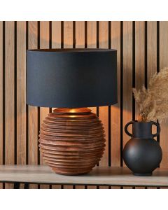 Pembury Brown Wash Large Turned Wood Table Lamp Base with Harry 40cm Black Cotton Mix Cylinder Lampshade