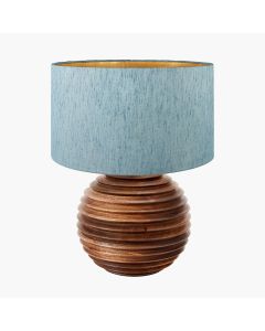 Pembury Brown Wash Turned Wood Table Lamp Base with Stellan 30cm Duck Egg Slubbed Silk Mix Gold Lined Cylinder Lampshade
