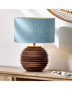 Pembury Brown Wash Turned Wood Table Lamp Base with Stellan 30cm Duck Egg Slubbed Silk Mix Gold Lined Cylinder Lampshade